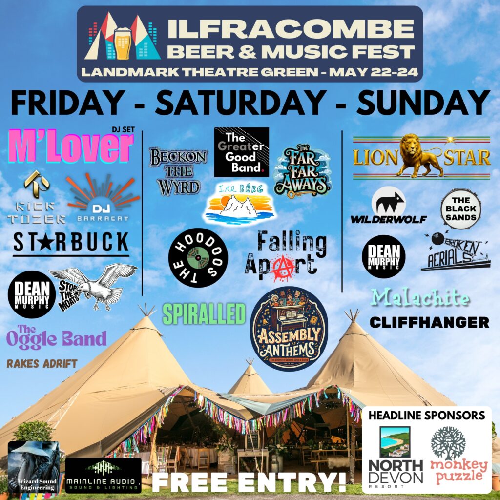 Poster showing the outline music lineup for Friday, Saturday and Sunday