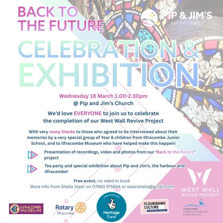 Poster for BACK TO THE FUTURE CELEBRATION & EXHIBITION Wednesday 18 March 1.00–2.30pm @ Pip and Jim’s Church