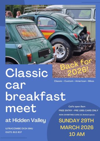 Poster for 10am, Sunday 29th March Café open for breakfast & coffee from 9am All pre 1985 cars welcome