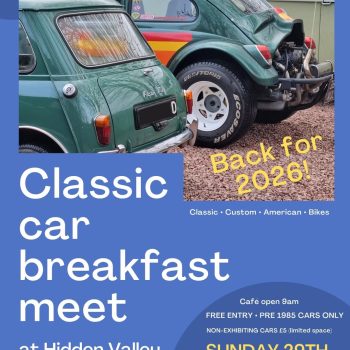 Poster for 10am, Sunday 29th March Café open for breakfast & coffee from 9am All pre 1985 cars welcome